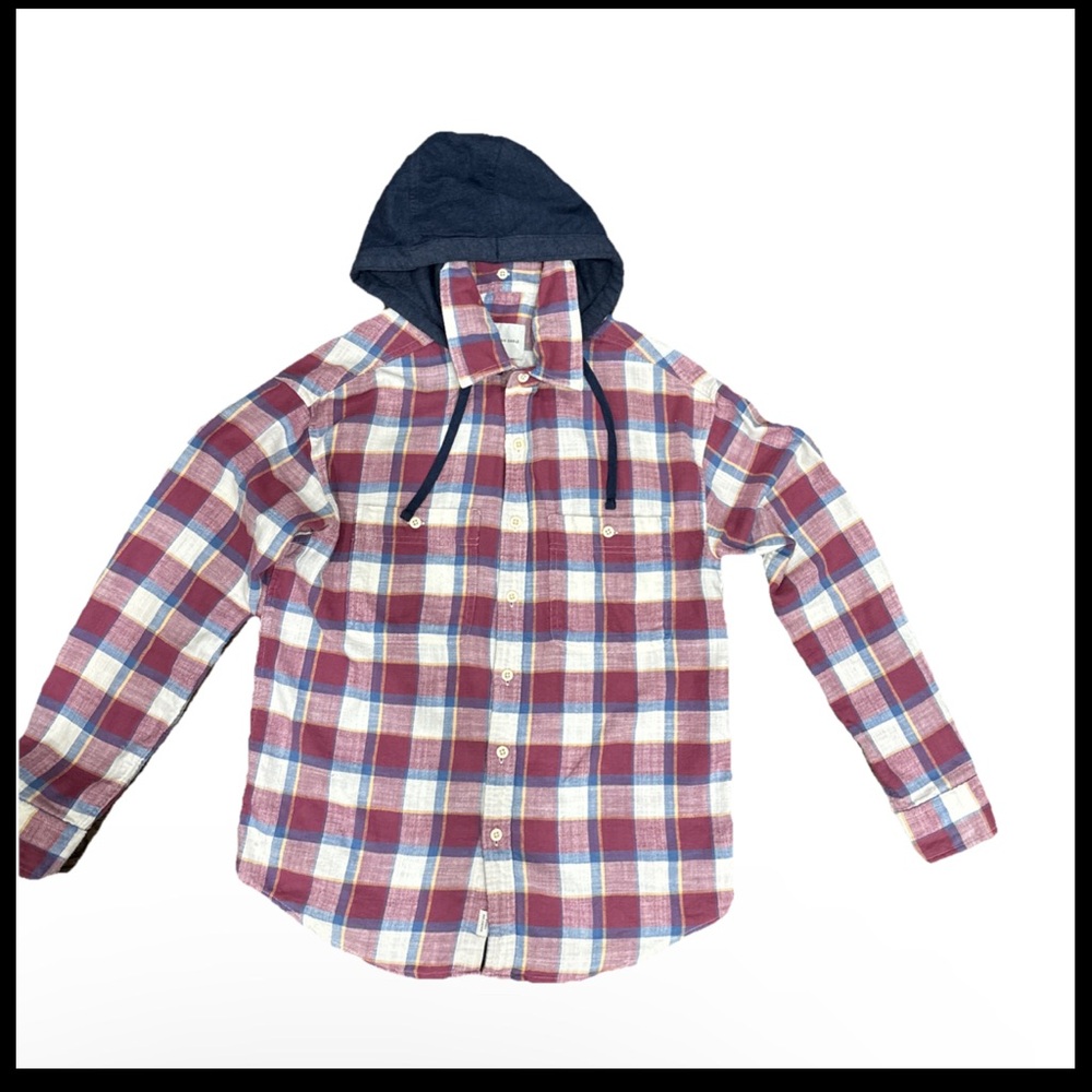 American Eagle Button Up Flannel LS Shirt Chest Pockets Removable Hood Men Sz S